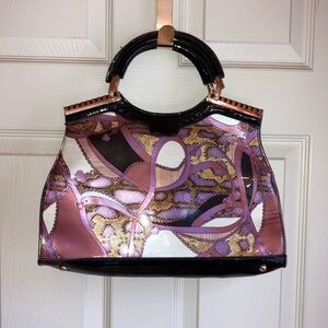 Funky Patent Faux Leather Snakeskin Chain Motif Top Handle Bag Purse